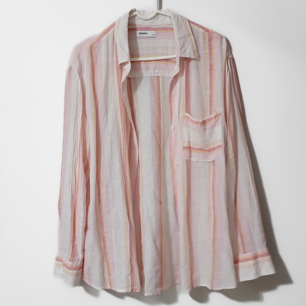 Pink And White Striped Linen Blend Long Sleeve Button Up Size Large